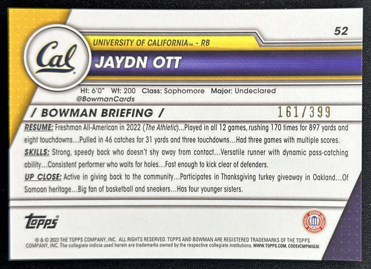 Jaydn Ott 2023 University Chrome Purple Mini Diamond Refractor /399 Golden Bears back