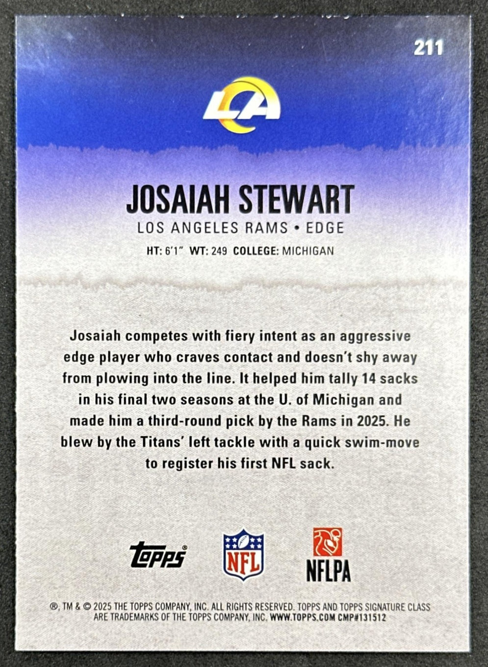 Josaiah Stewart 2025 Topps Signature Class Rookie Blue & Yellow Foil Rams
