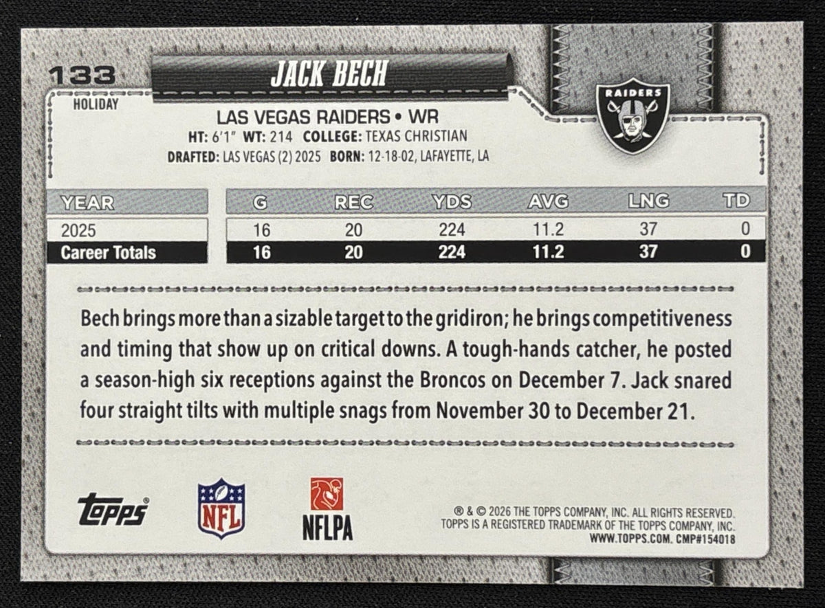 Jack Bech 2026 Topps Holiday Glitter Raiders | Las Vegas Raiders Sports Trading Card