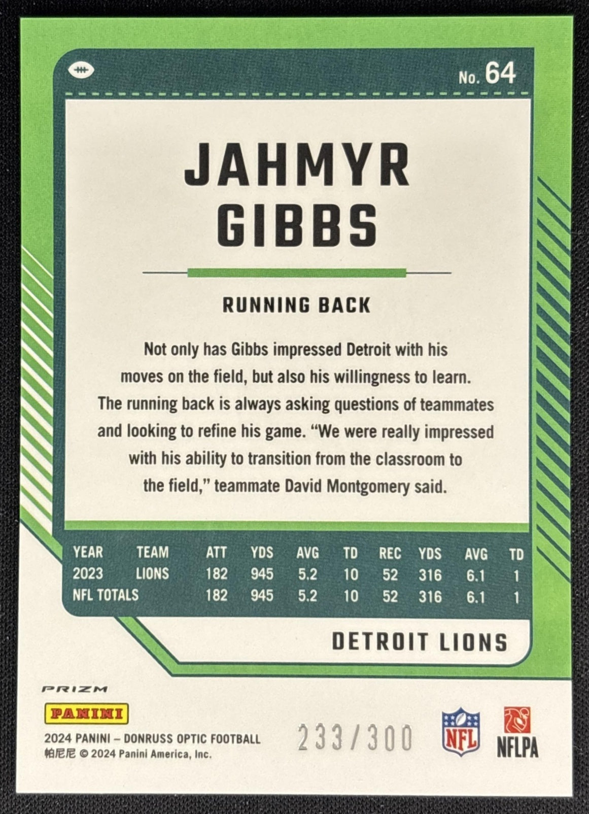 Jahmyr Gibbs 2024 Panini Donruss Optic Wave /300 Lions back