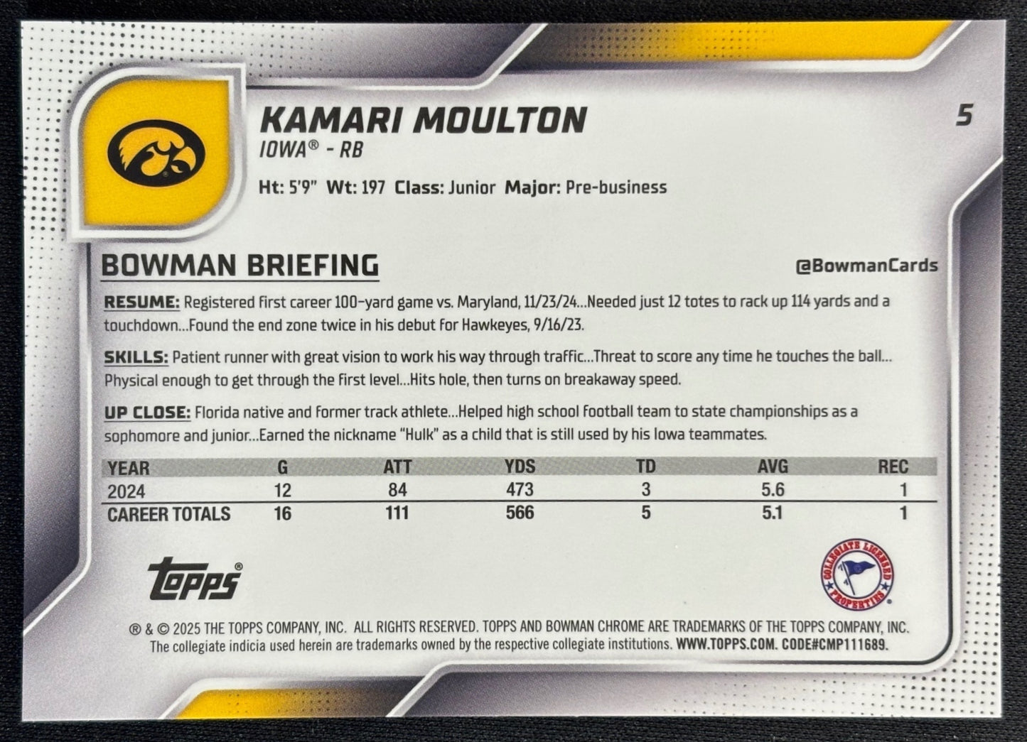 Kamari Moulton 2025 Chrome University Sapphire Prospect Gold Refractor /50 Hawkeyes sports trading card