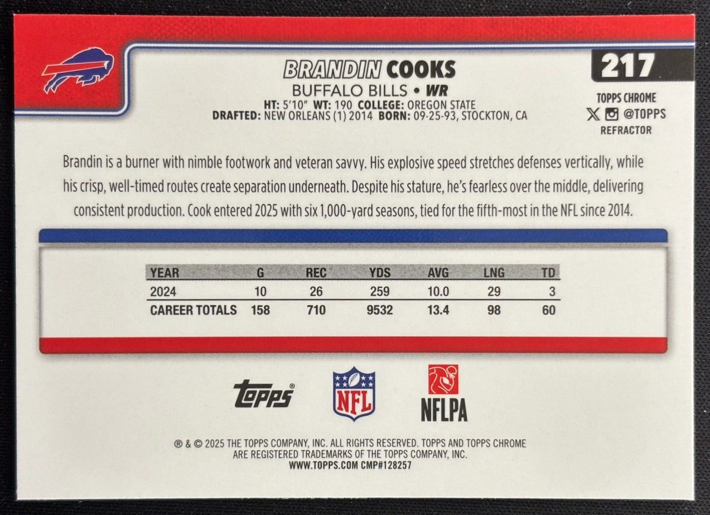 Brandin Cooks 2025 Chrome Refractor Bills Sports Trading Cards