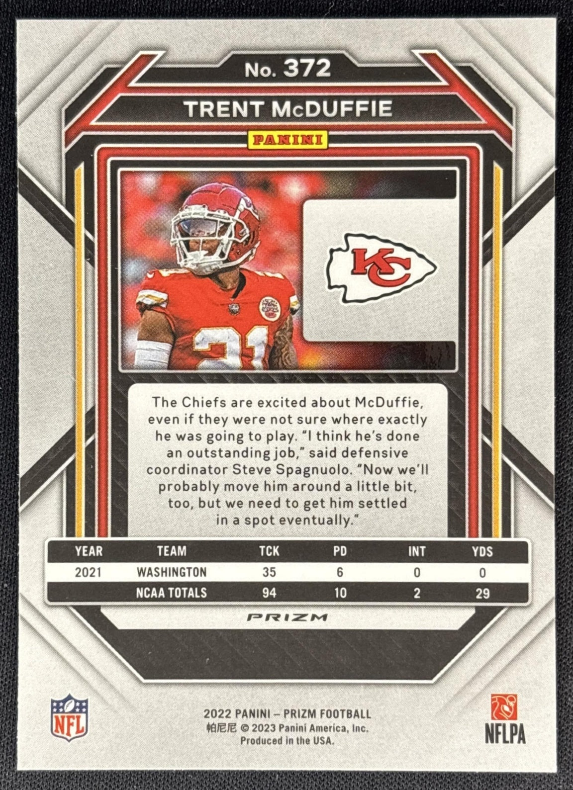 Trent McDuffie 2022 Panini Prizm Red Retail Chiefs back