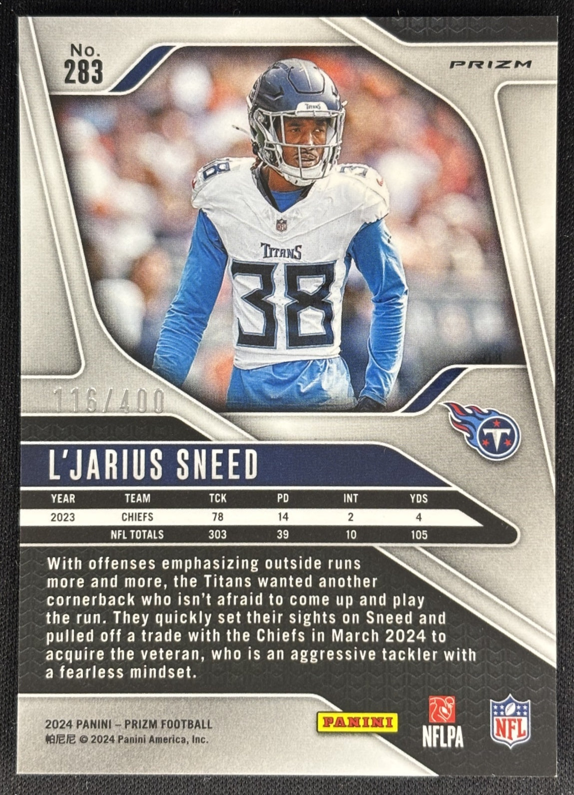 L'Jarius Sneed 2024 Panini Prizm Pandora /400 Titans Sports Trading Cards