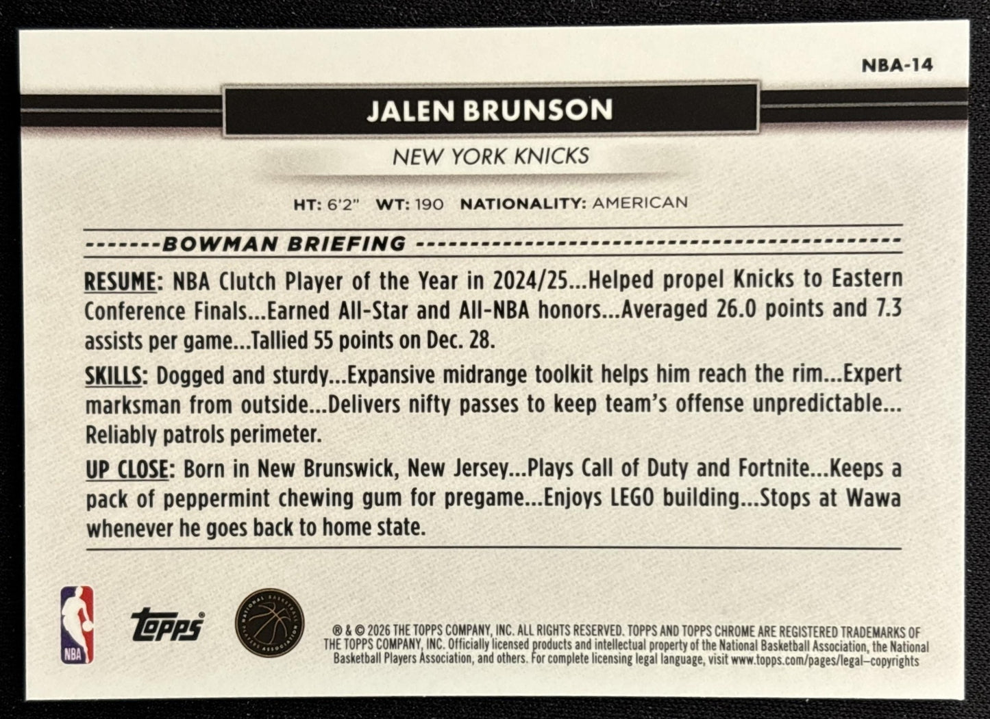 Jalen Brunson 2026 Topps NSCC Collection NBA Sports Trading Cards