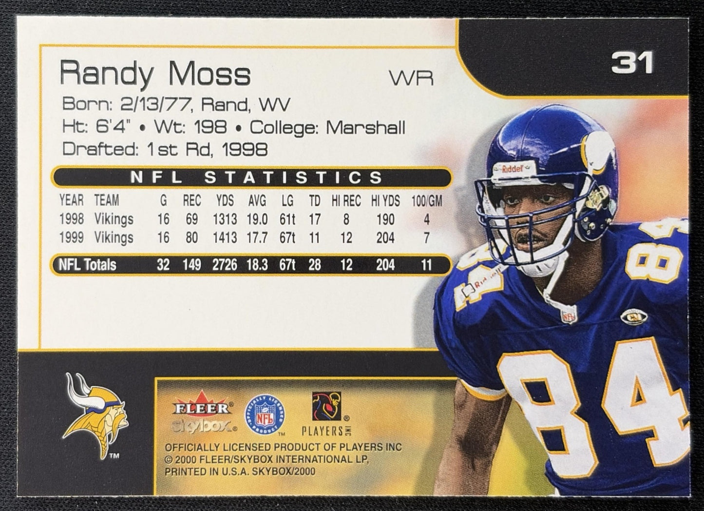 Randy Moss 2000 Skybox Vikings back