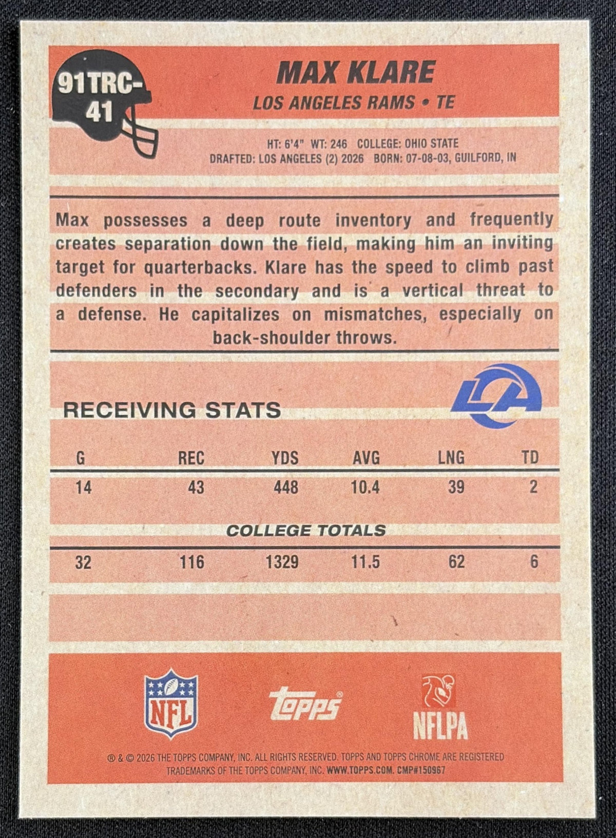 Max Klare 2026 Topps 1991 Chrome Rookie Mojo Refractor Rams Sports Trading Card