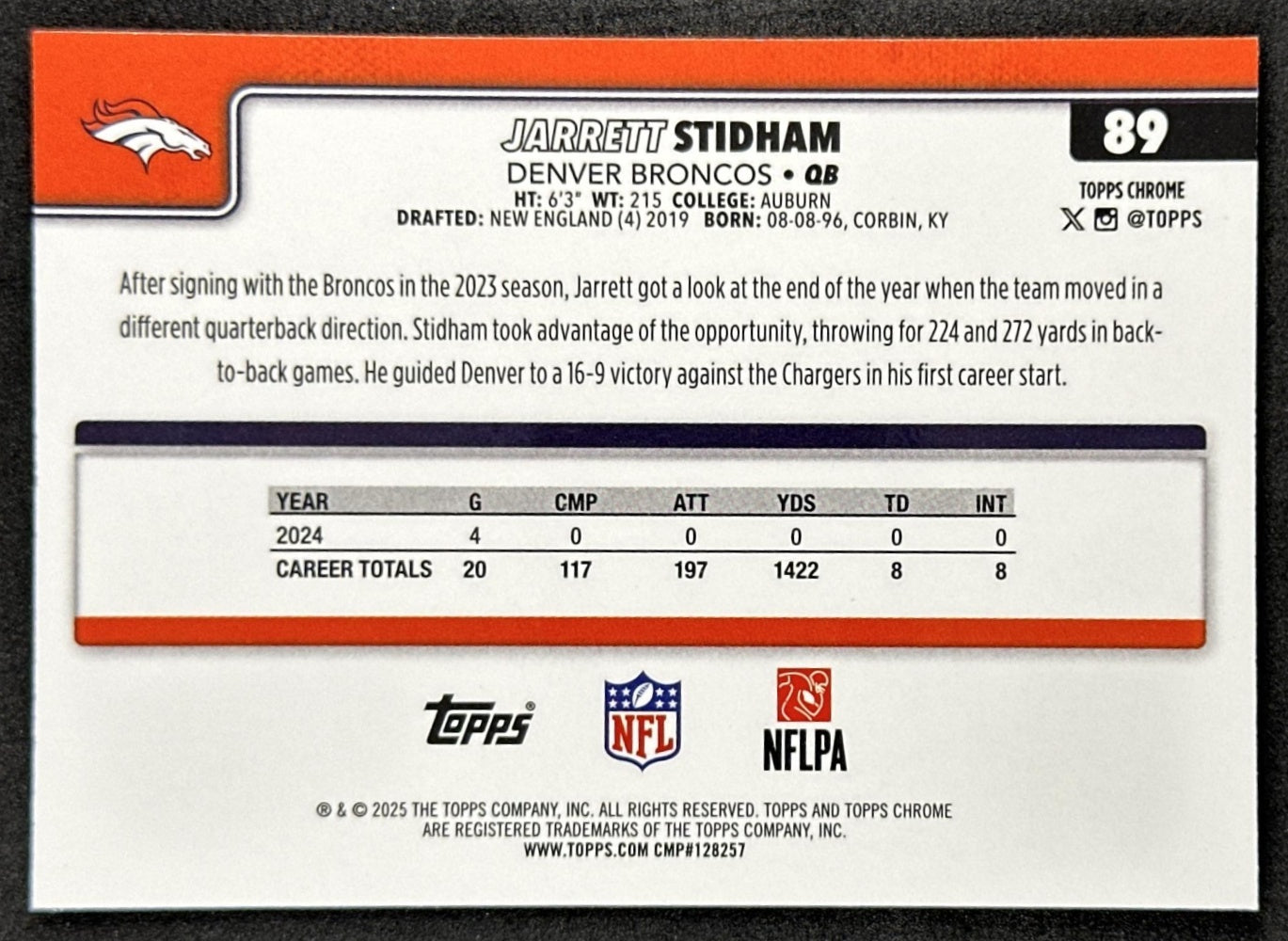 Jarrett Stidham 2025 Topps Chrome Sapphire Broncos