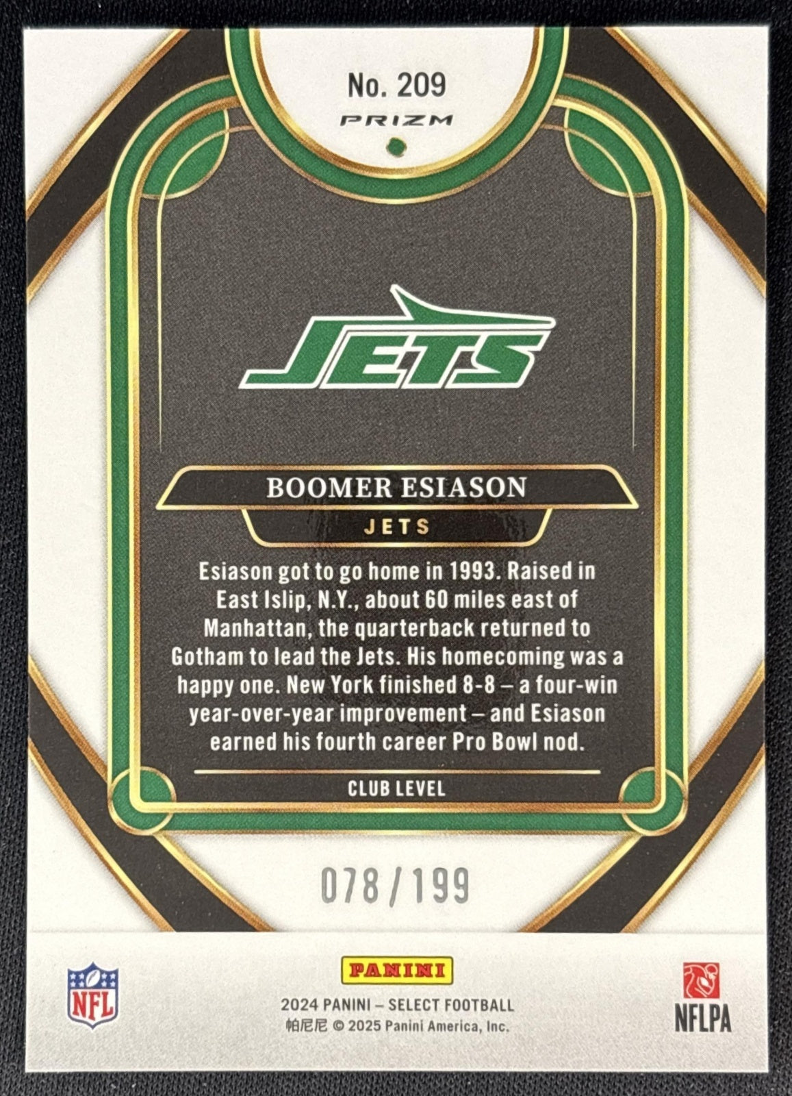 Boomer Esiason 2024 Panini Select Club White Prizm Shock /199 Jets Sports Trading Cards