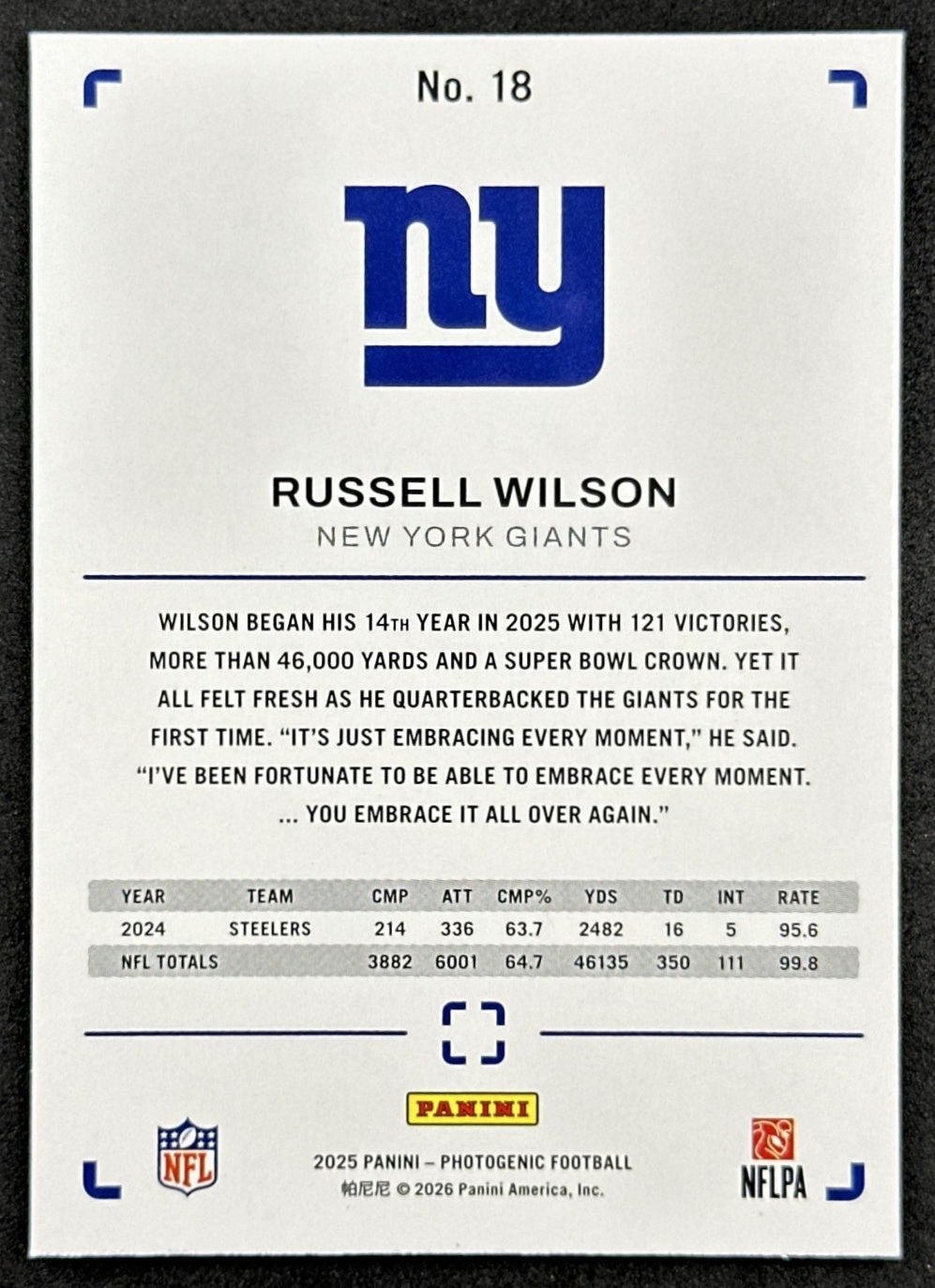 Russell Wilson 2025 Panini PhotoGenic Giants back