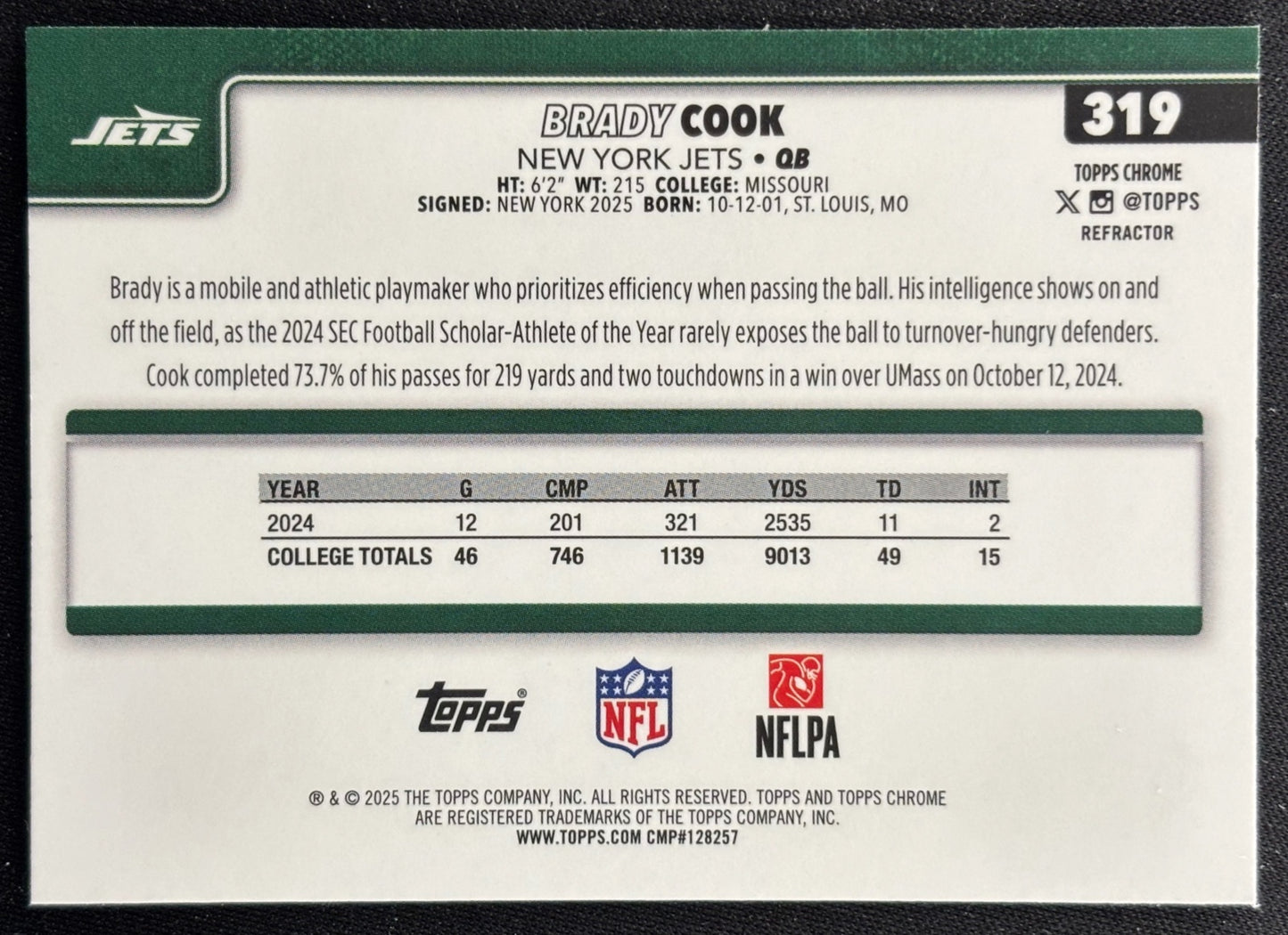 Brady Cook 2025 Topps Chrome Rookie Refractor Jets Sports Trading Cards