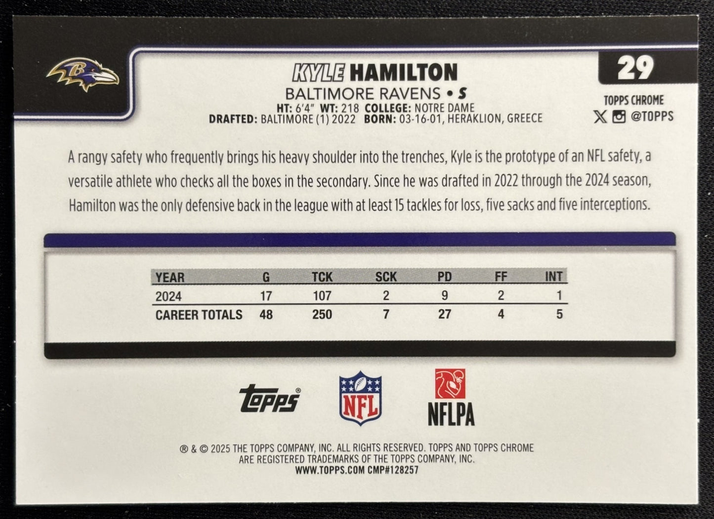 Kyle Hamilton 2025 Topps Chrome Ravens Sports Trading Cards
