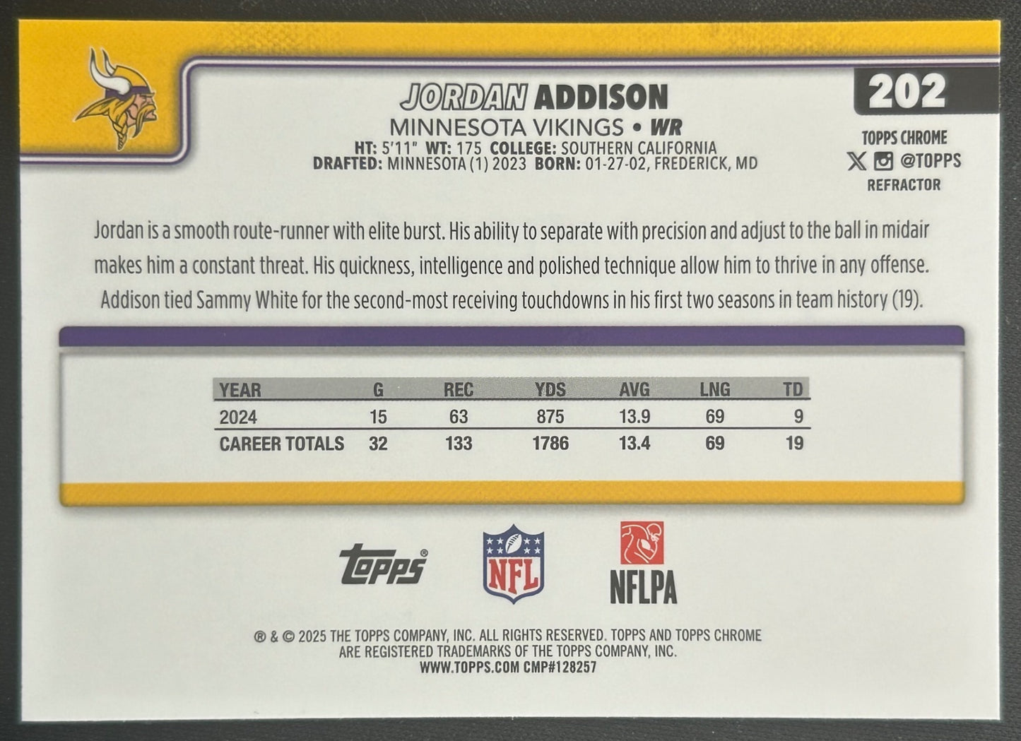 Jordan Addison 2025 Topps Chrome Refractor Vikings Sports Trading Cards