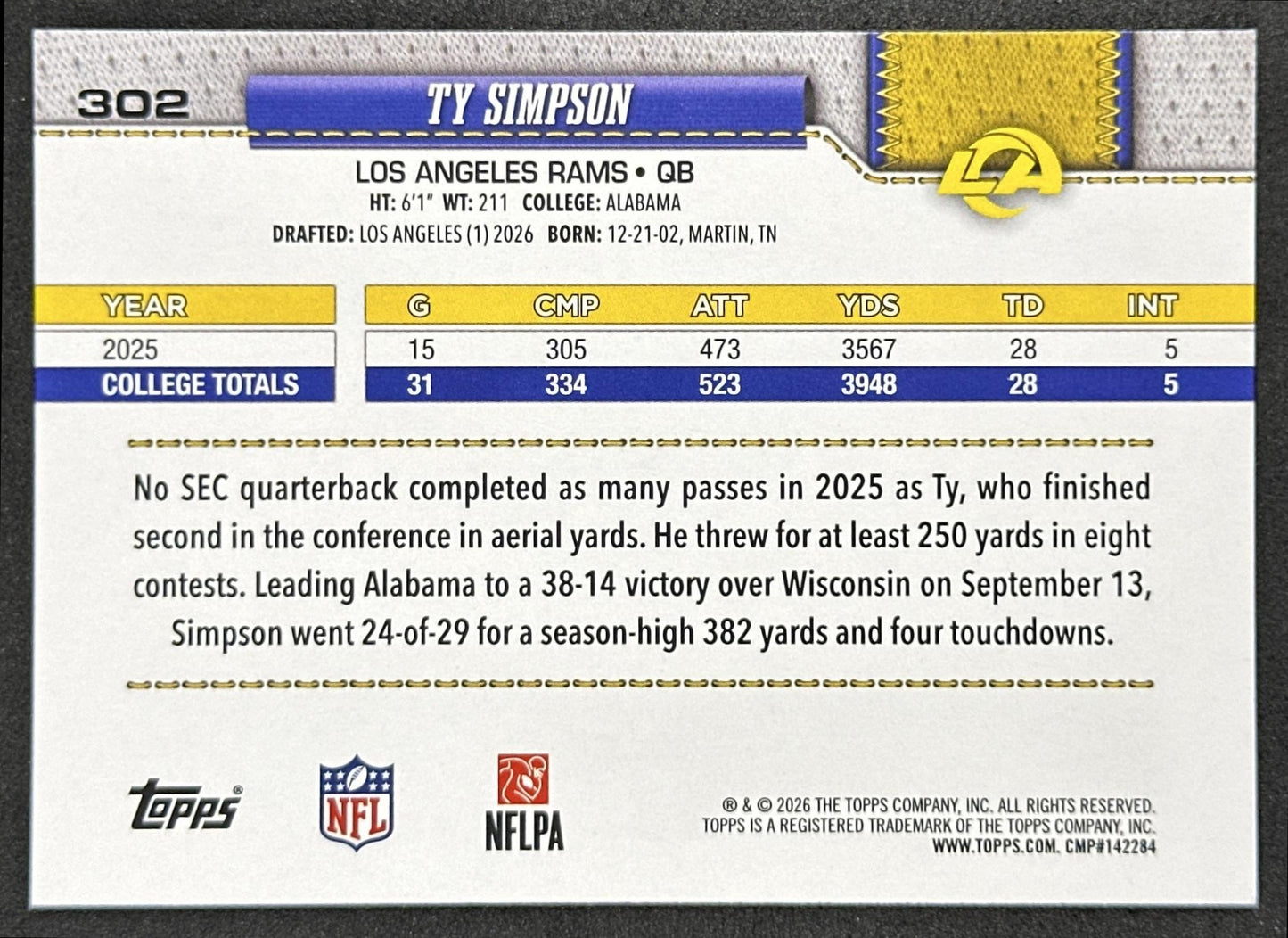 Ty Simpson 2026 Topps Flagship Rookie Rams Sports Trading Card