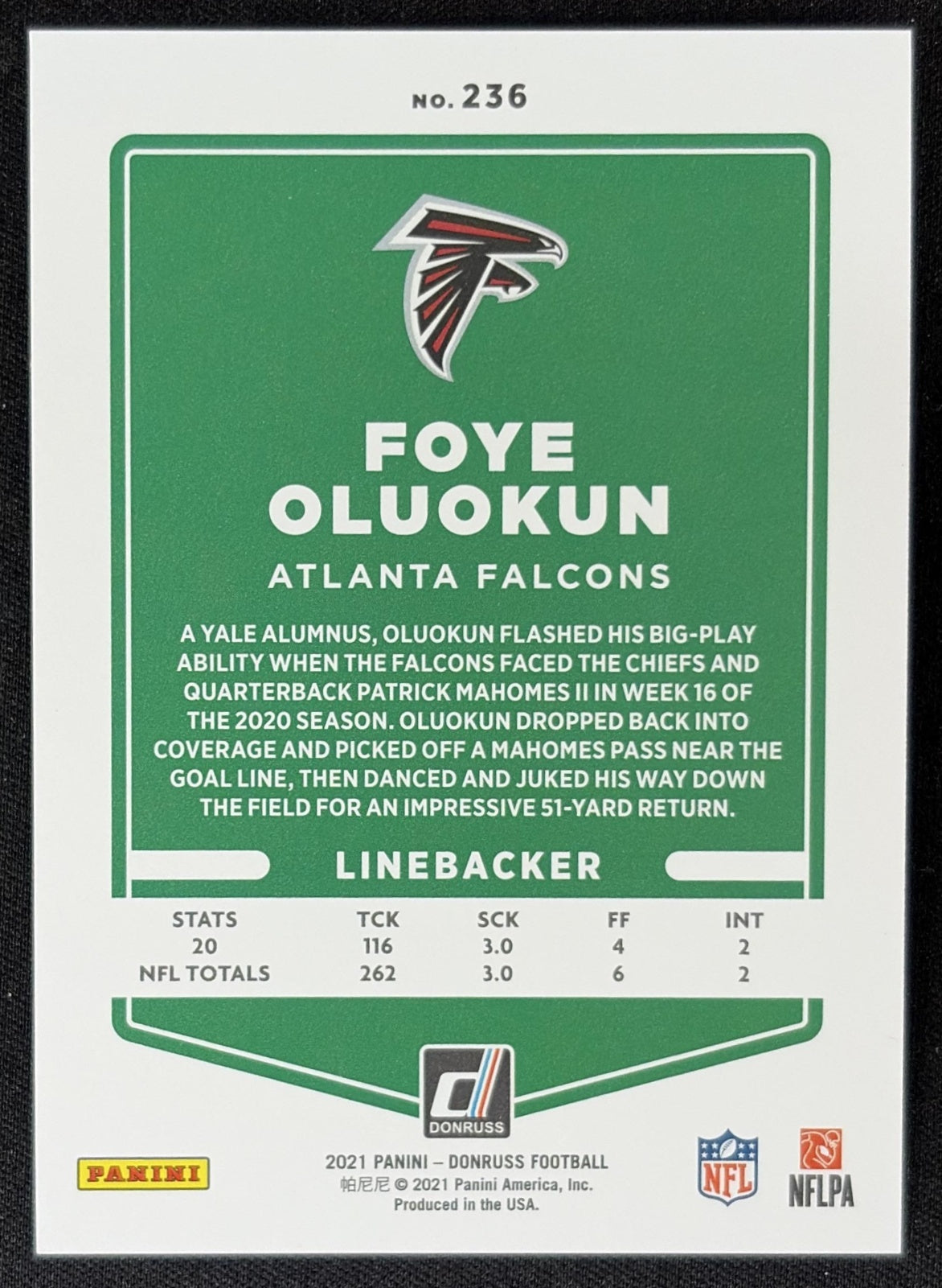 Foye Oluokun 2021 Panini Donruss Press Proof Premium Falcons - Atlanta Falcons