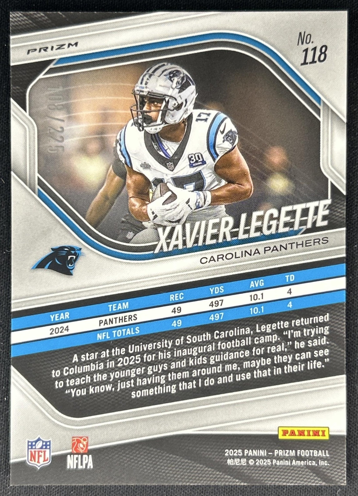 Xavier Legette 2025 Panini Prizm Purple Ice /225 Panthers Back