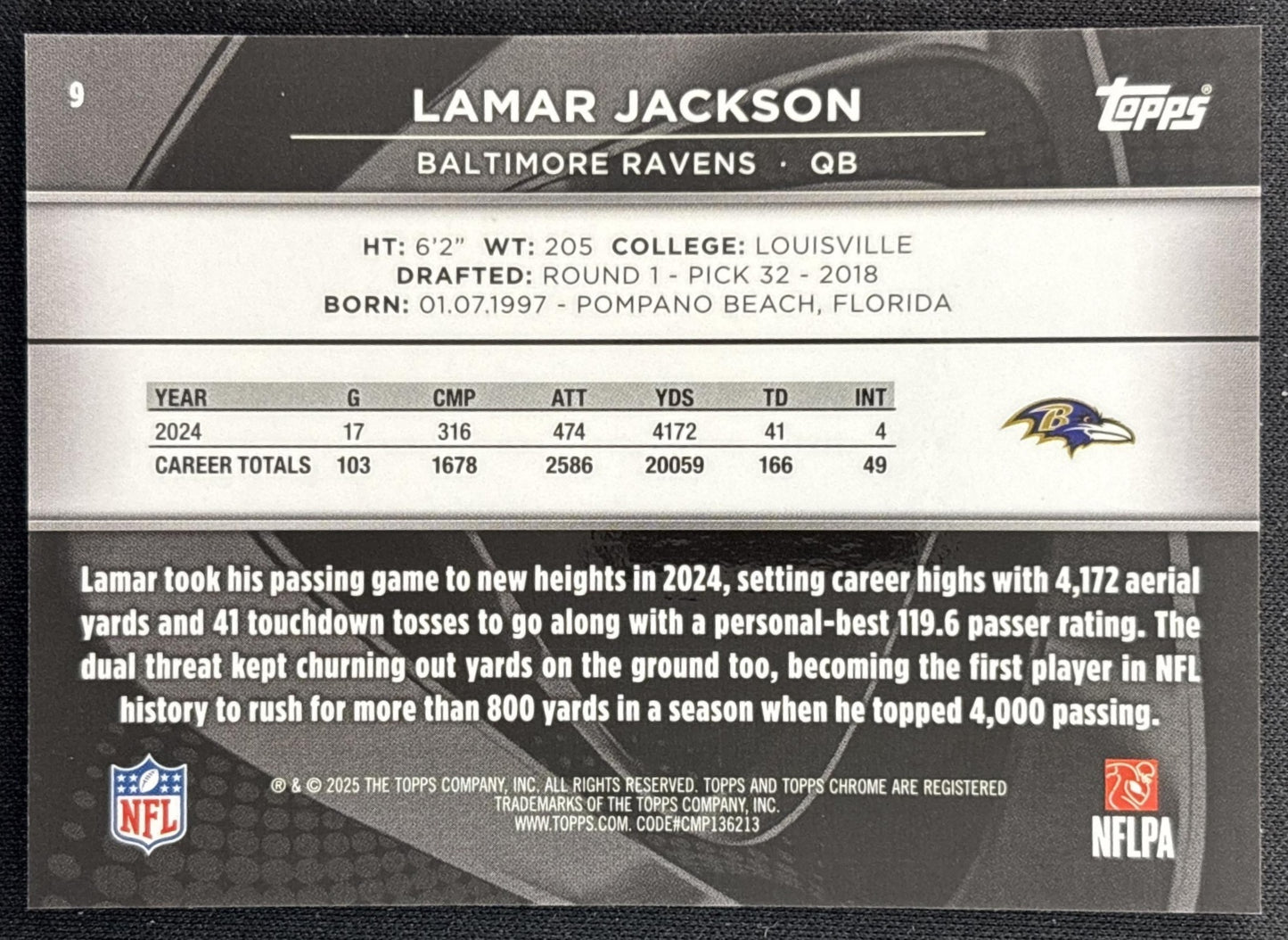 Lamar Jackson 2025 Topps Chrome Black Blue Refractor /150 Ravens Back