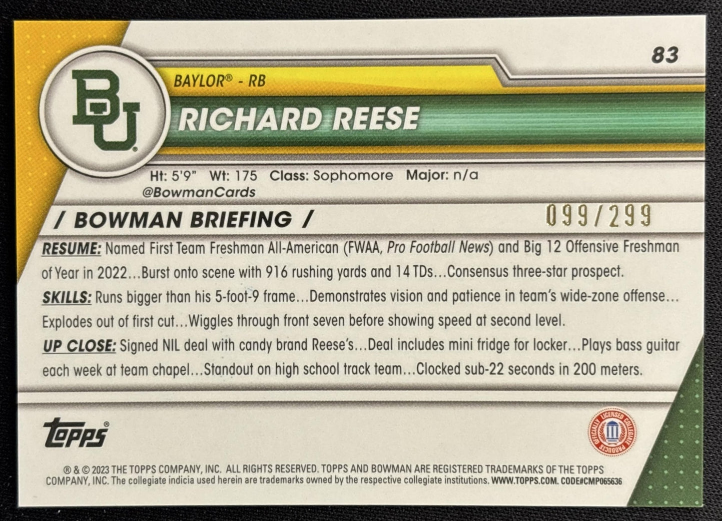 Richard Reese 2023 Bowman University Chrome Aqua Refractor /299 back