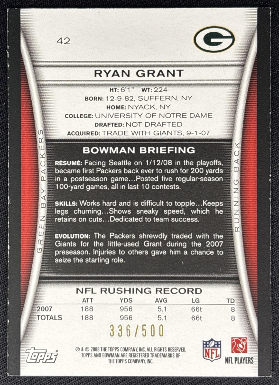 Ryan Grant 2008 Bowman Blue /500 Packers back