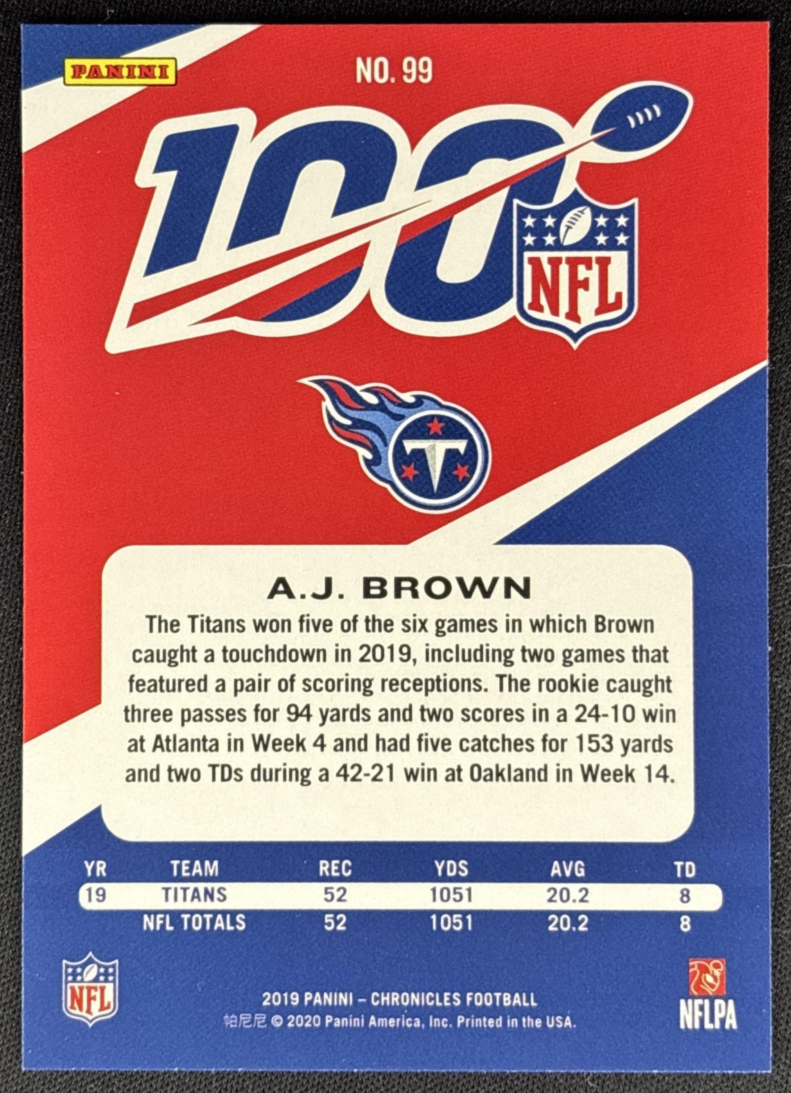 A.J. Brown 2019 Panini Chronicles NFL 100 Titans back