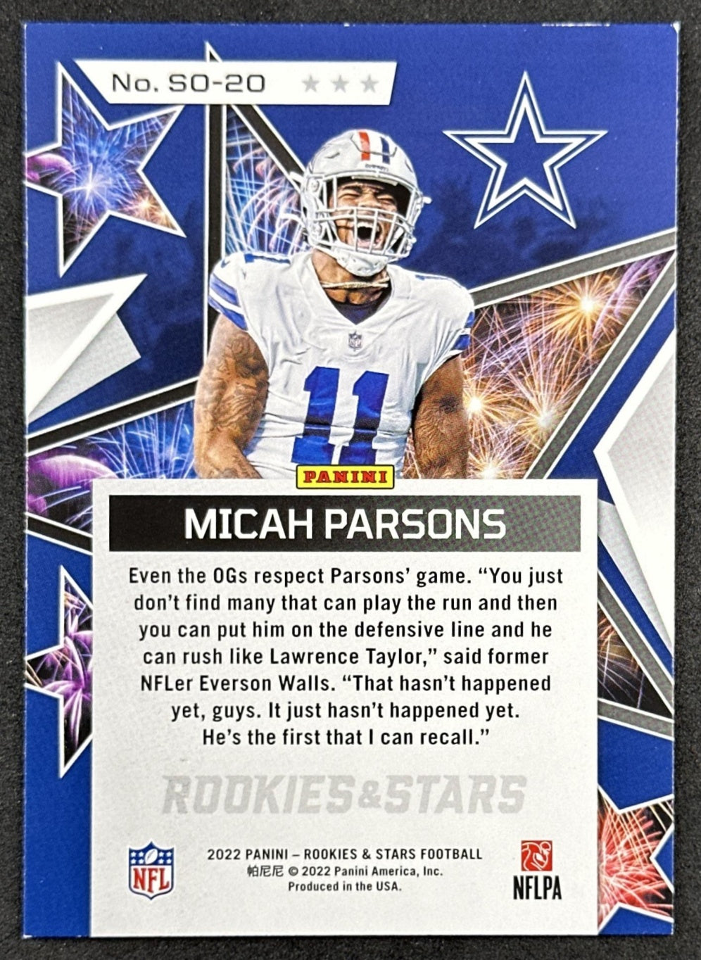 Micah Parsons 2022 Panini Rookies & Stars Standing Ovation Cowboys Back