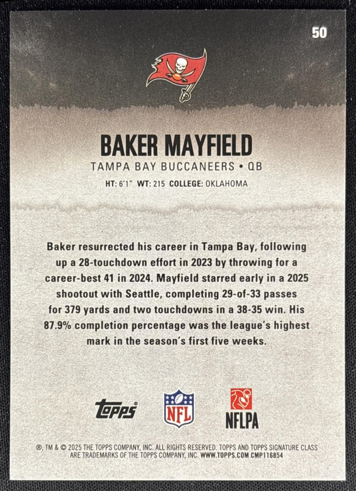 Baker Mayfield 2025 Topps Signature Class Veteran Blue & Yellow Foil Buccaneers back