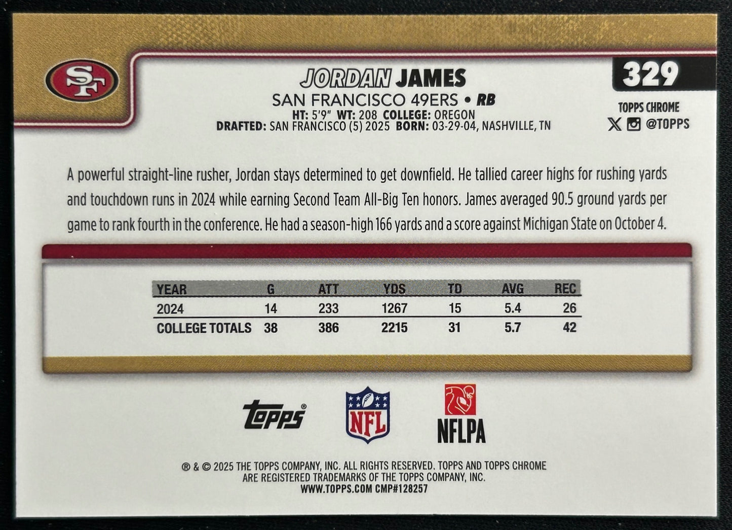 Jordan James 2025 Topps Chrome Rookie 49ers Sports Trading Cards