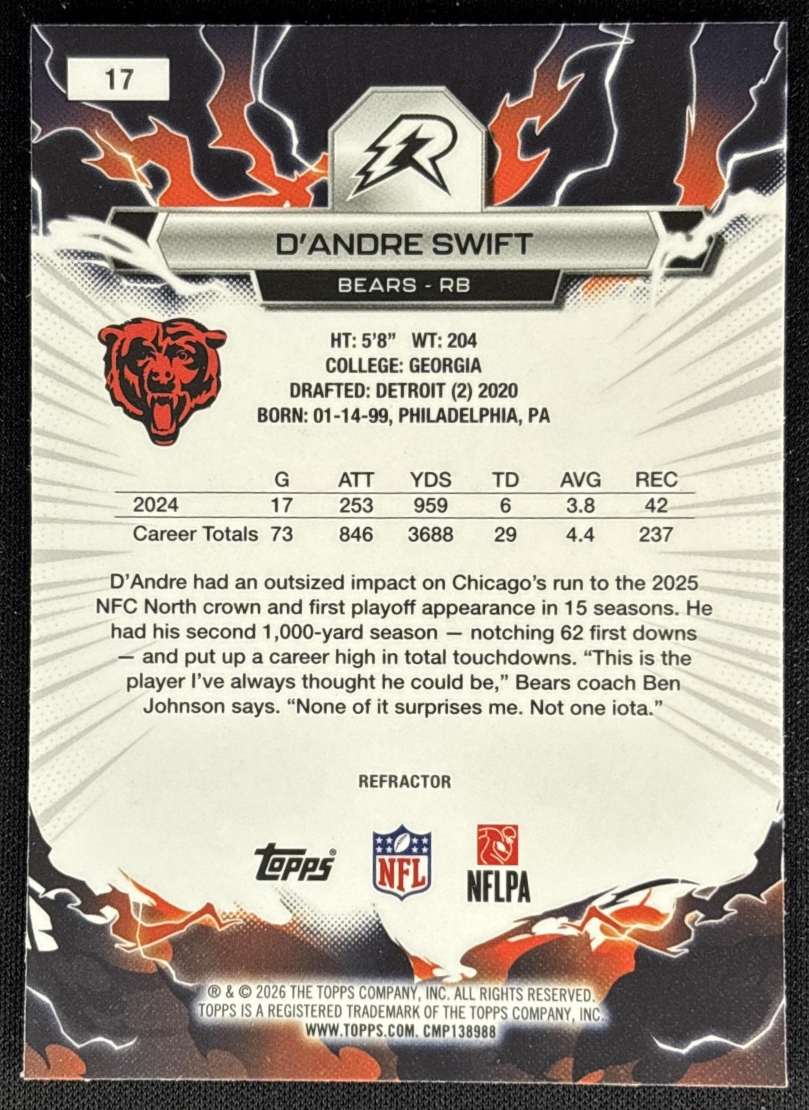 D'Andre Swift 2025 Topps Resurgence Refractor Bears back