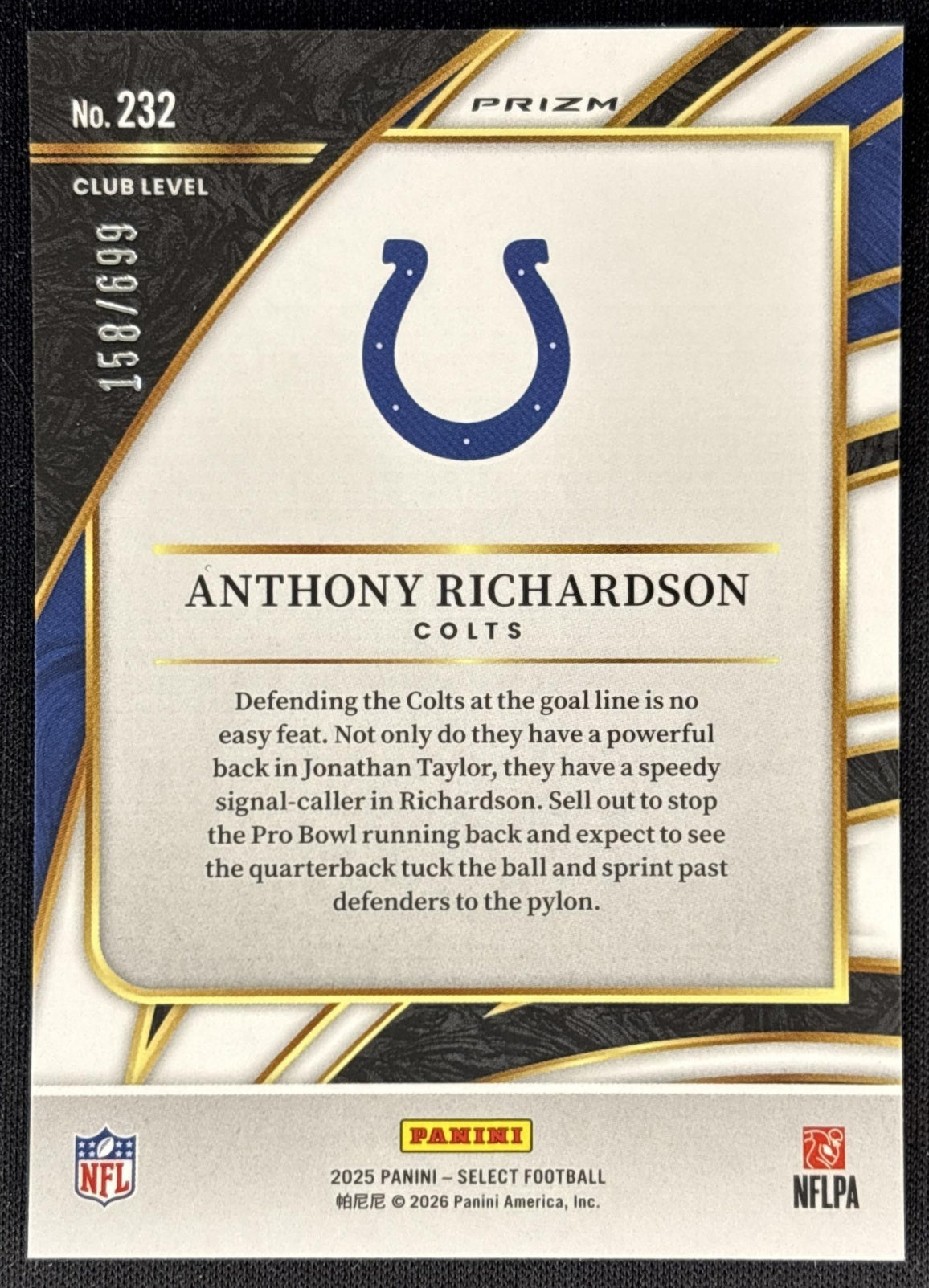 Anthony Richardson 2025 Panini Select Club Level Purple Prizm Shock /699 Colts back