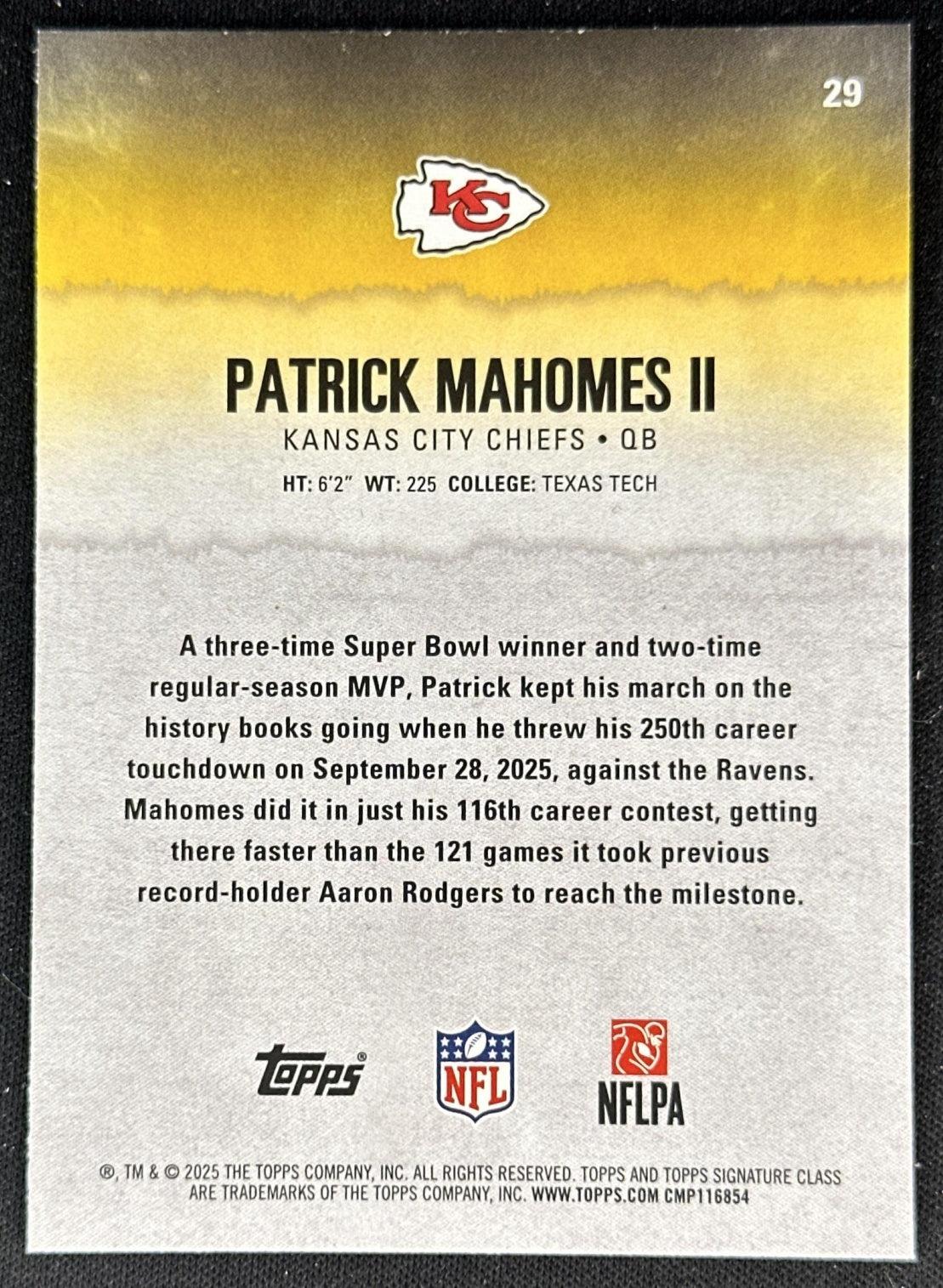 Patrick Mahomes II 2025 Topps Signature Class Chrome Veteran Chiefs back