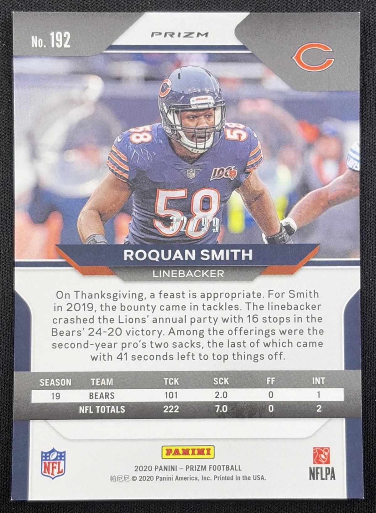 Roquan Smith 2020 Panini Prizm Blue Ice /99 Bears back