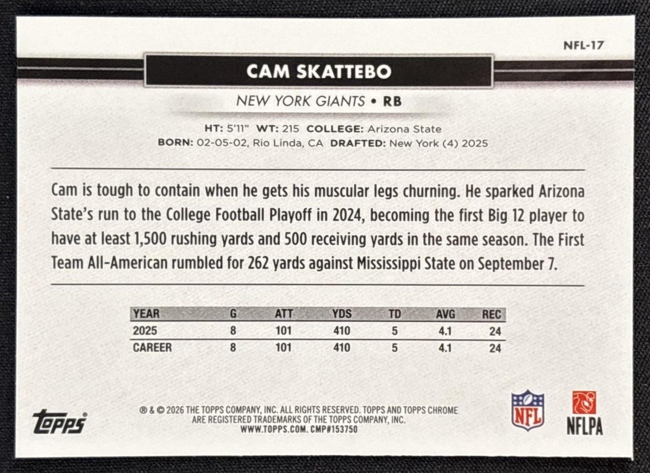 Cam Skattebo 2026 Topps NSCC Collection NFL Giants Sports Trading Cards