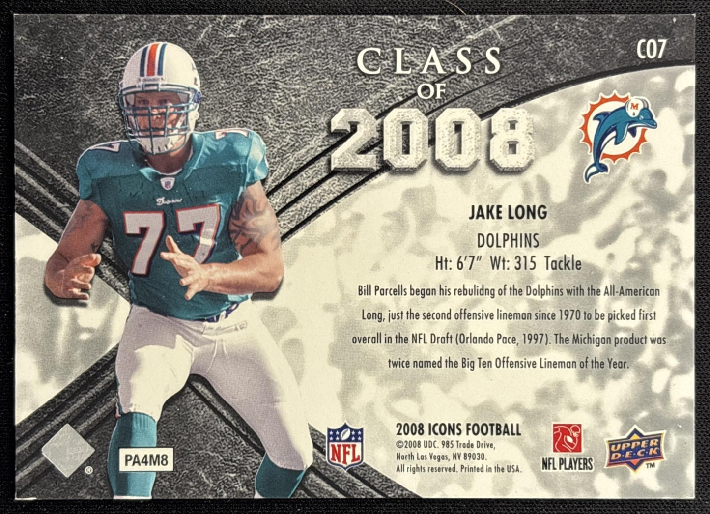 Jake Long 2008 Upper Deck Icons Class of Blue /250 Dolphins back