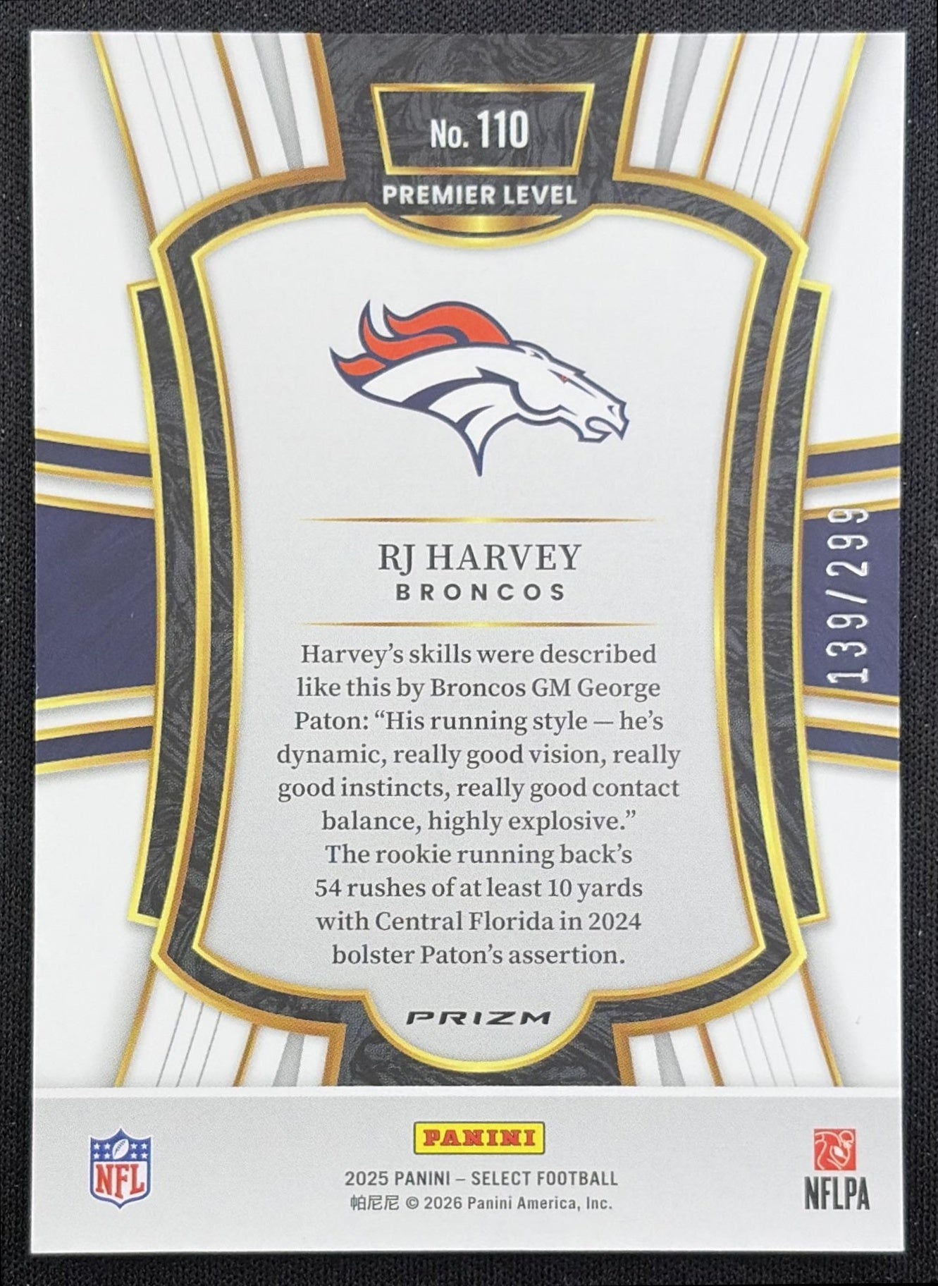 RJ Harvey 2025 Panini Select Premier Level Tri-Color Prizm /299 Broncos Denver Broncos back