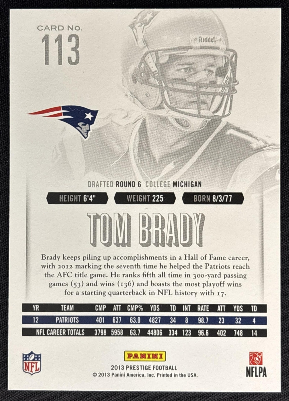 Tom Brady 2013 Panini Prestige Patriots Sports Trading Cards