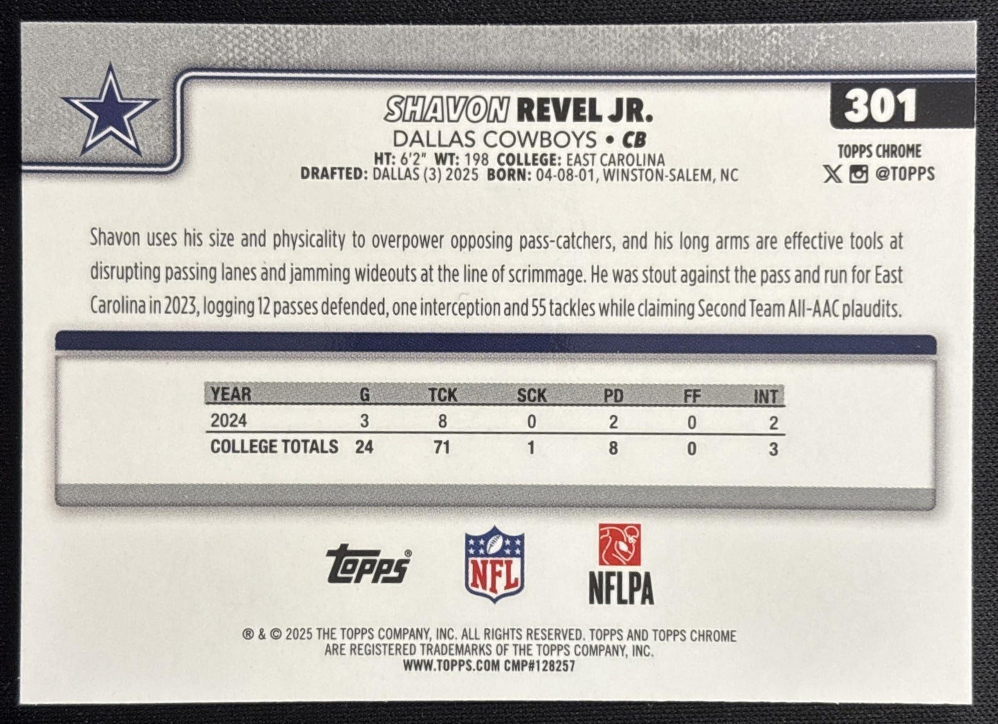 Shavon Revel Jr. 2025 Topps Chrome Rookie Pink Wave Refractor /250 Cowboys Sports Trading Cards
