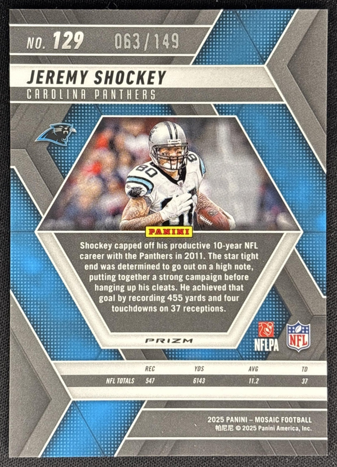Jeremy Shockey 2025 Panini Mosaic Silver Knight Prizm /149 Panthers back