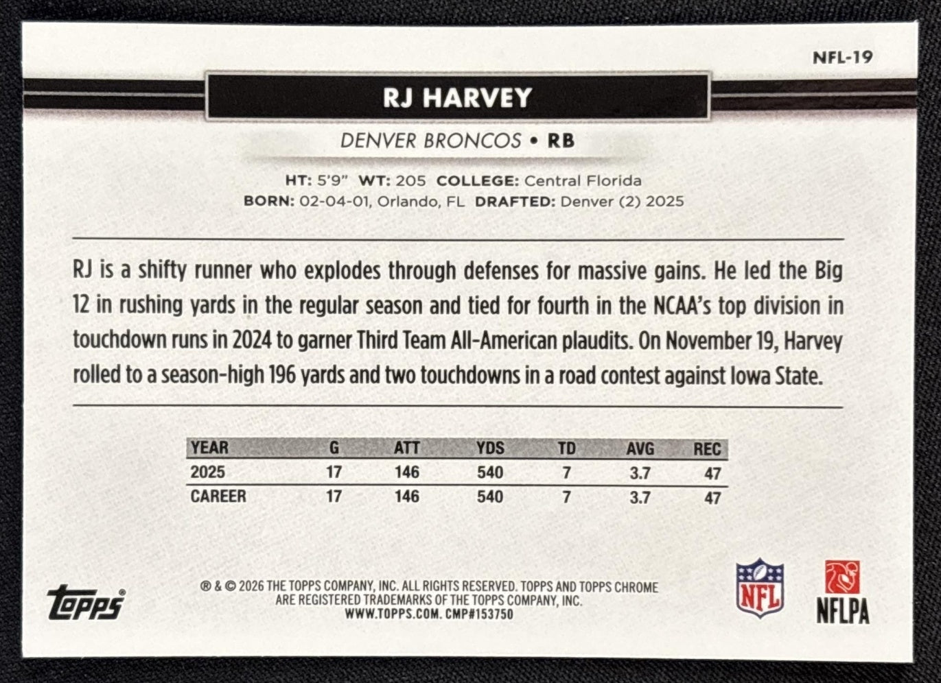 RJ Harvey 2026 Topps NSCC Collection NFL Broncos Sports Trading Cards