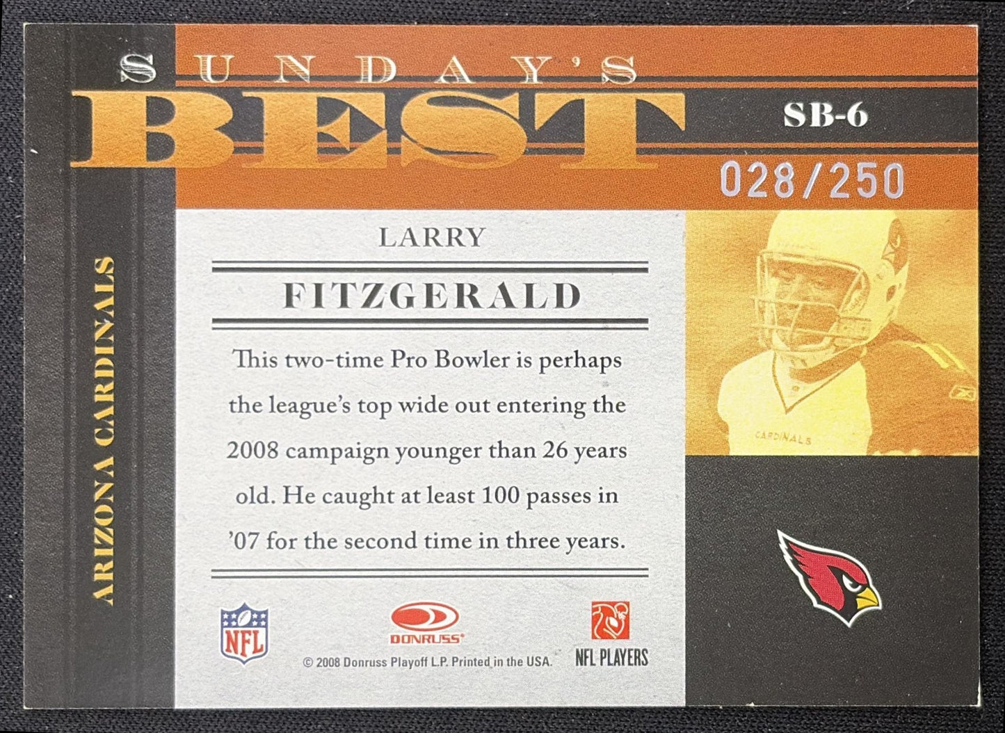 Larry Fitzgerald 2008 Donruss Classics Sunday's Best Silver Holofoil /250 Cardinals Arizona Cardinals back