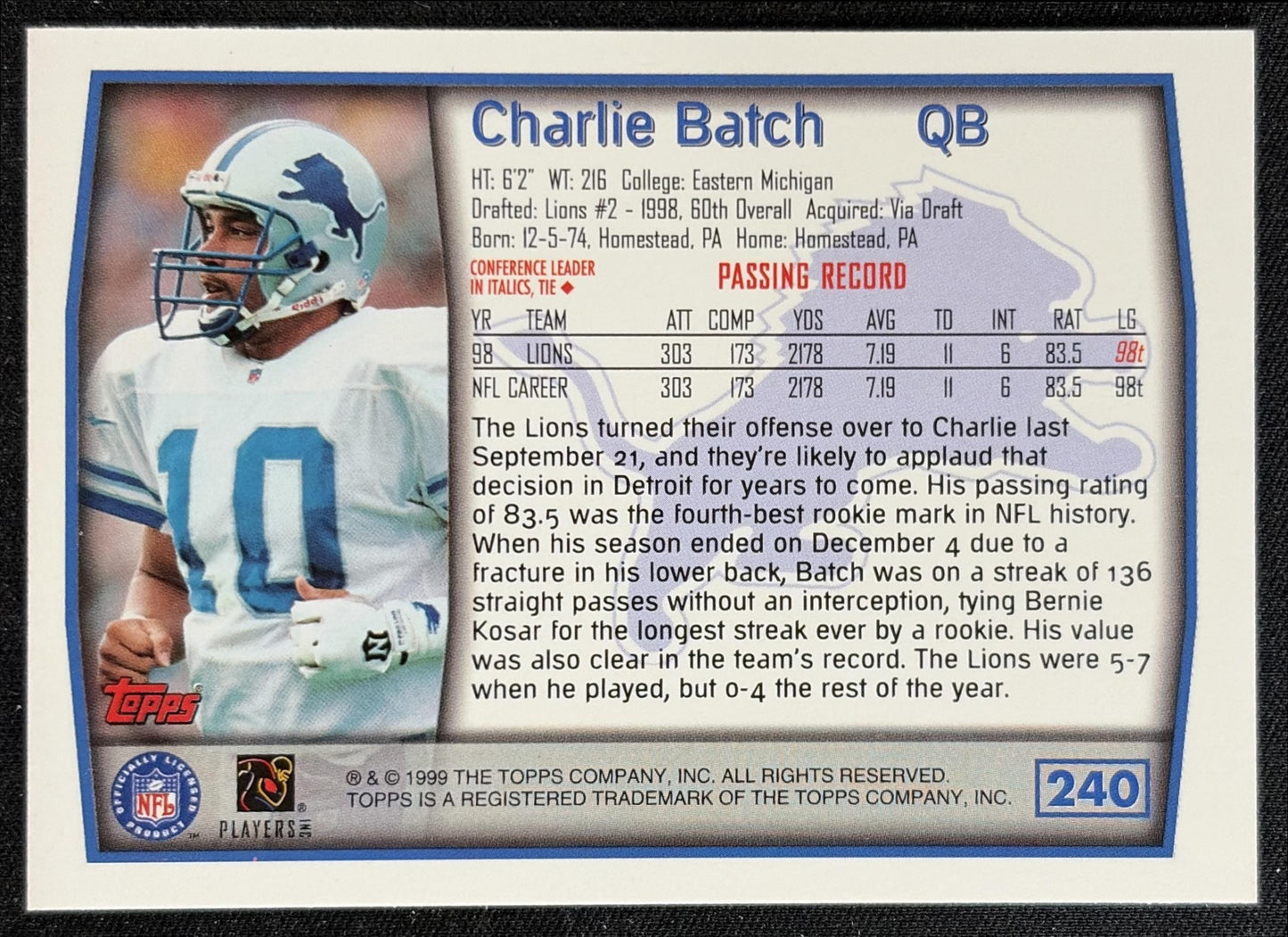 Charlie Batch 1999 Topps Collection Lions back
