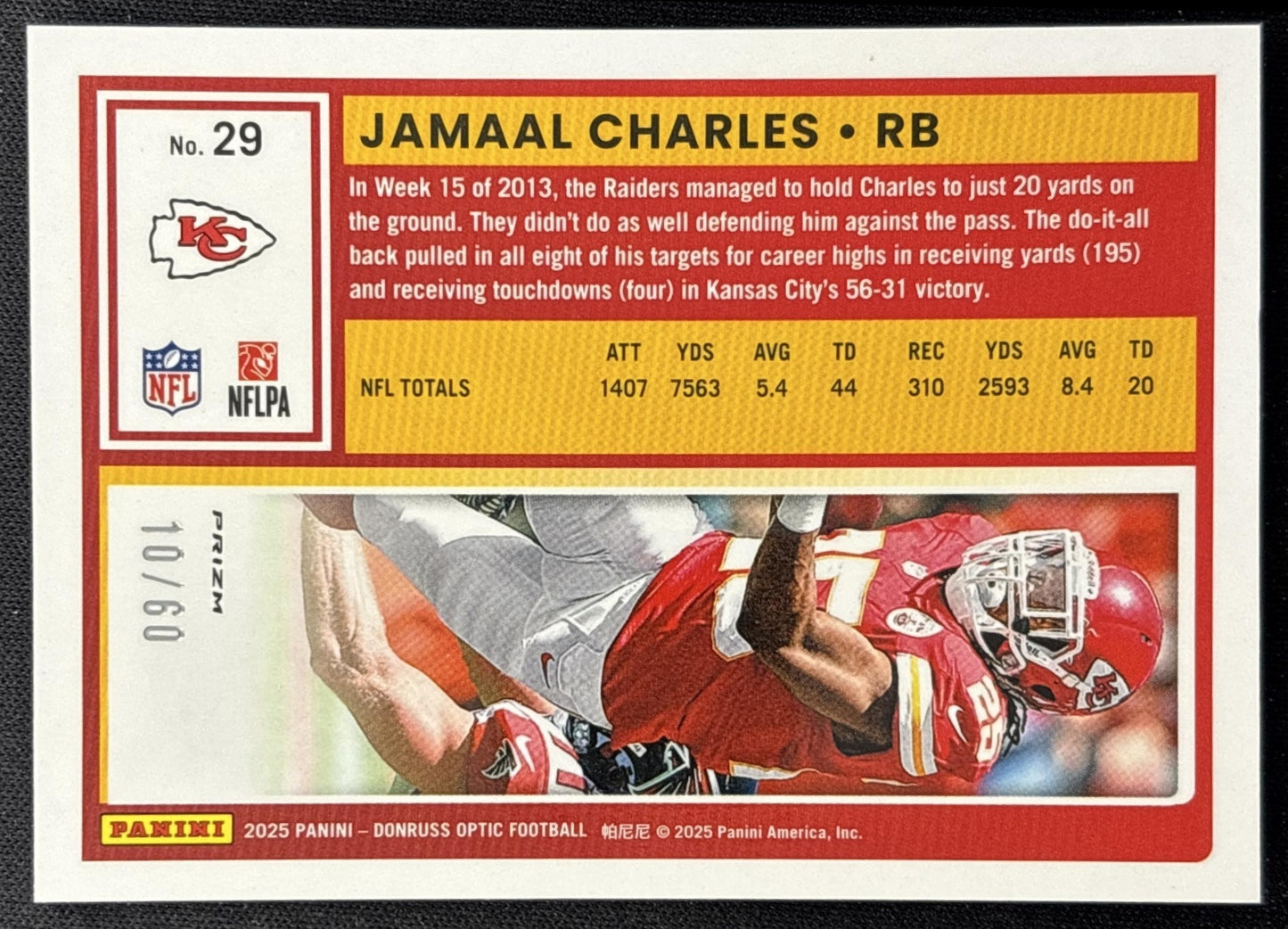 Jamaal Charles 2025 Panini Donruss Optic Purple Prizm /60 Chiefs back