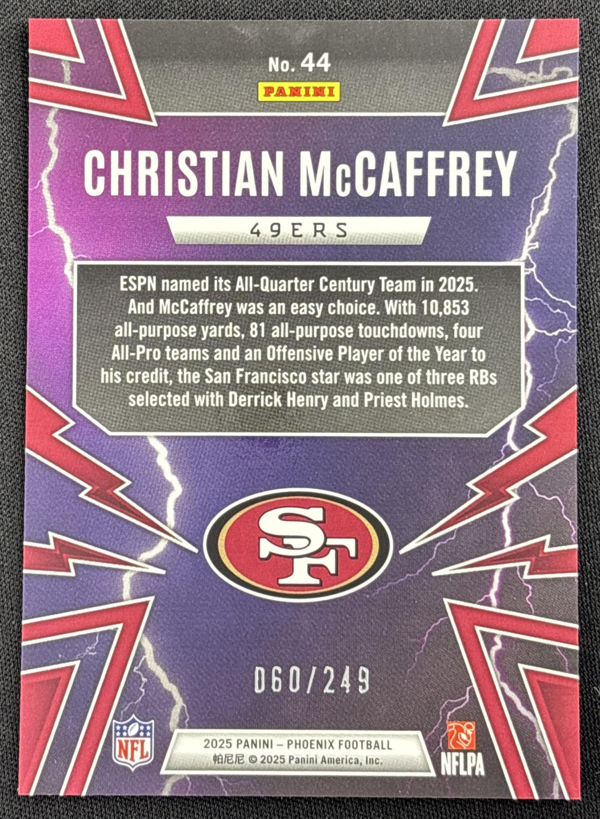 Christian McCaffrey 2025 Panini Phoenix Thunderbirds Silver Pandora Prizm /249 49ers