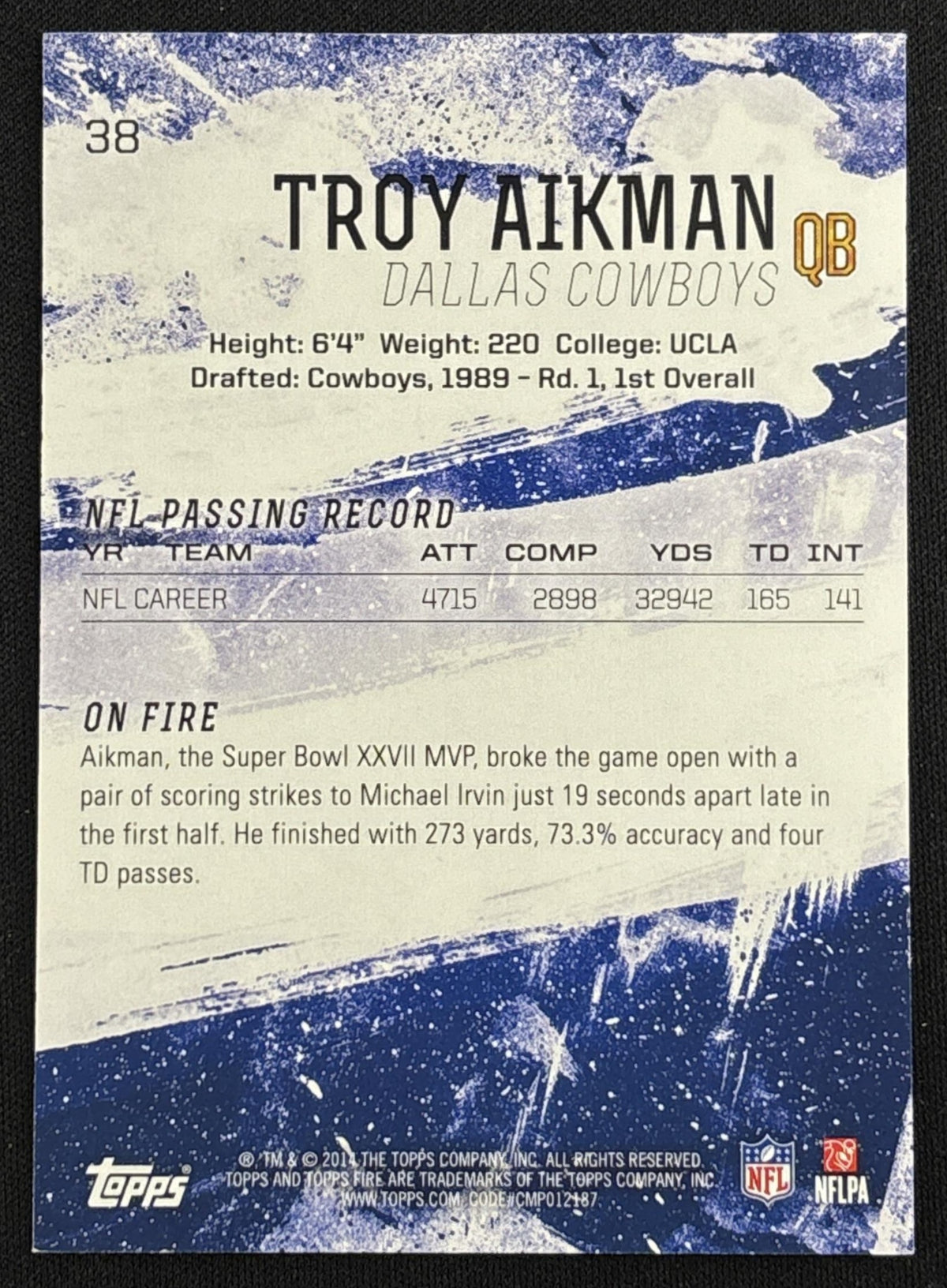 Troy Aikman 2014 Topps Fire Blue /299 Cowboys