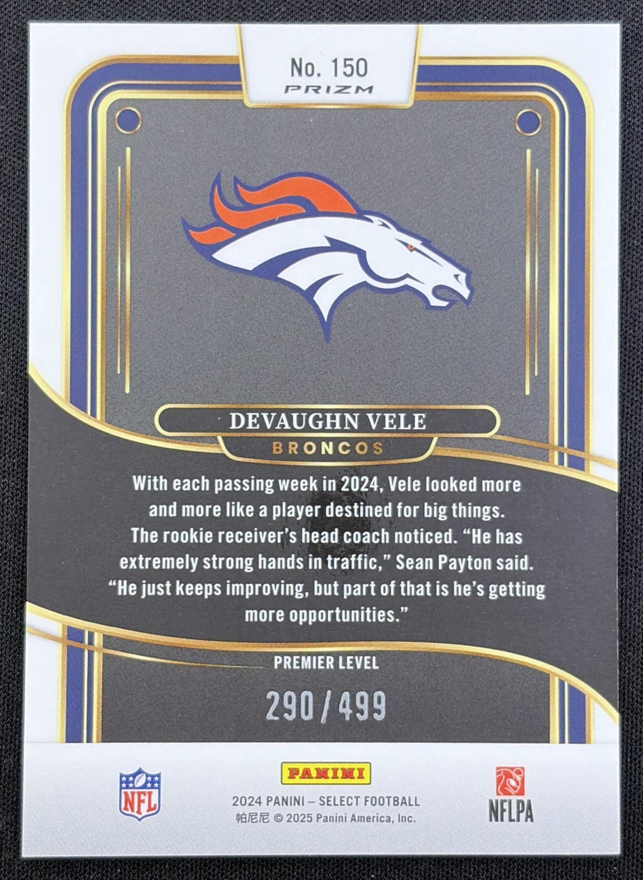 Devaughn Vele 2024 Panini Select Premier Neon Green Prizm Shock /499 Broncos
