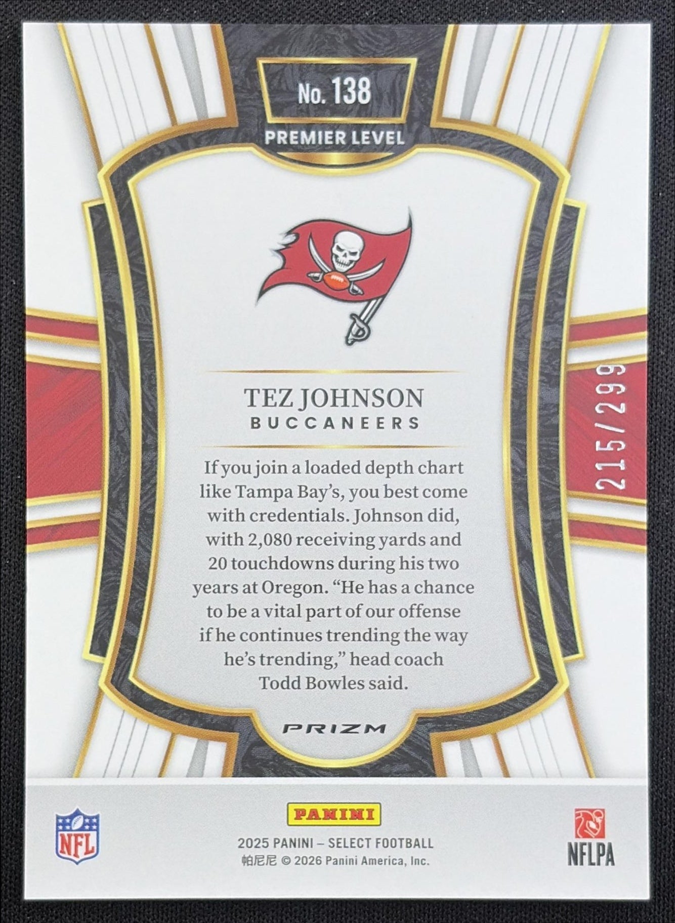 Tez Johnson 2025 Panini Select Premier Level Tri-Color Prizm /299 Buccaneers Tampa Bay Buccaneers back