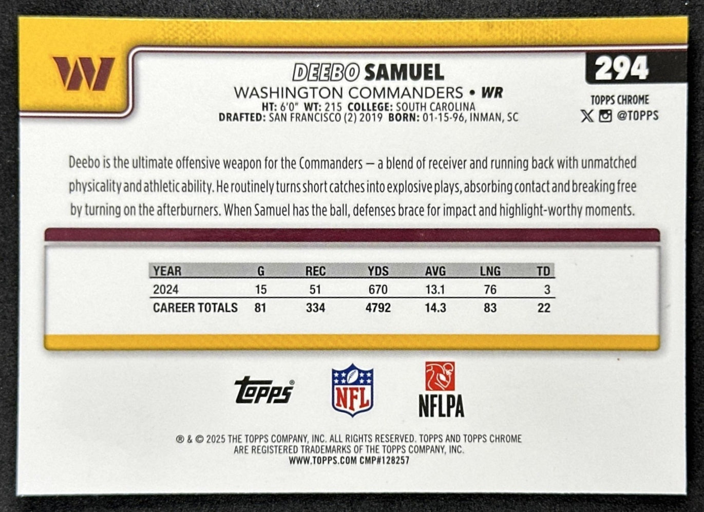 Deebo Samuel 2025 Topps Chrome Sapphire Commanders Sports Trading Card