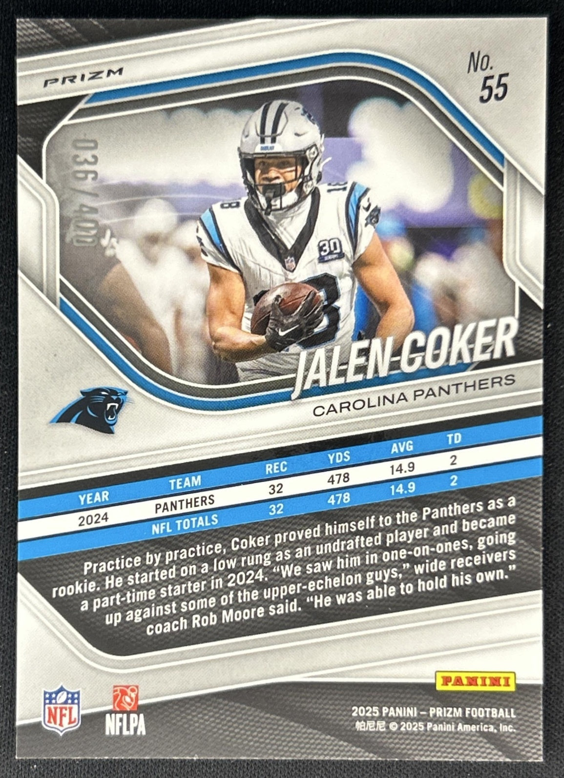 Jalen Coker 2025 Panini Prizm Pandora /400 Panthers