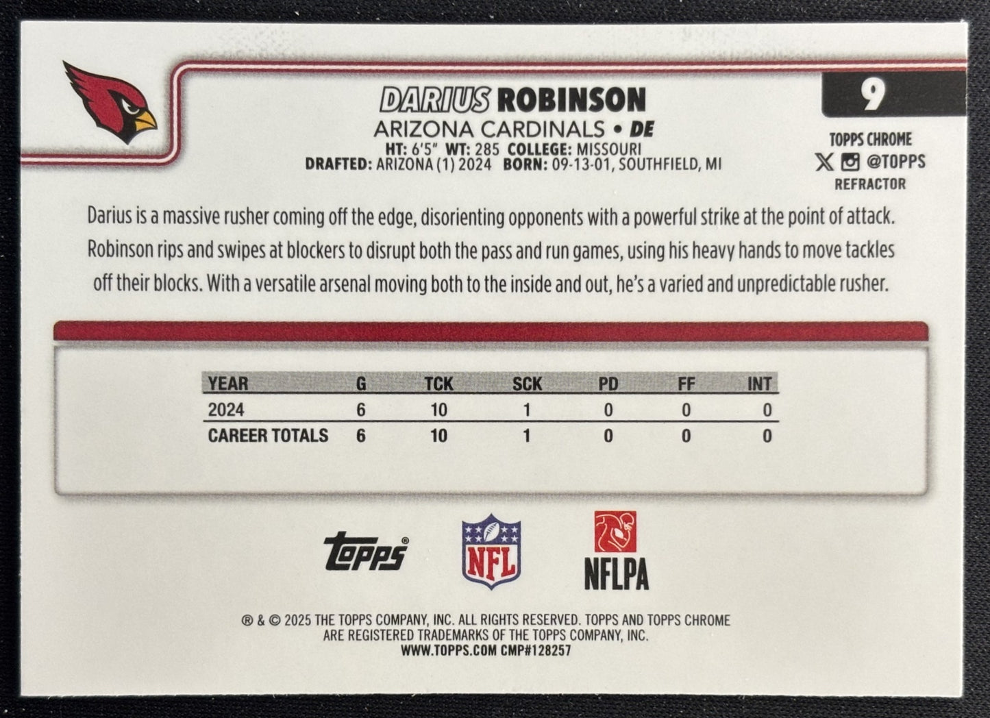 Darius Robinson 2025 Topps Chrome Refractor Cardinals Sports Trading Cards