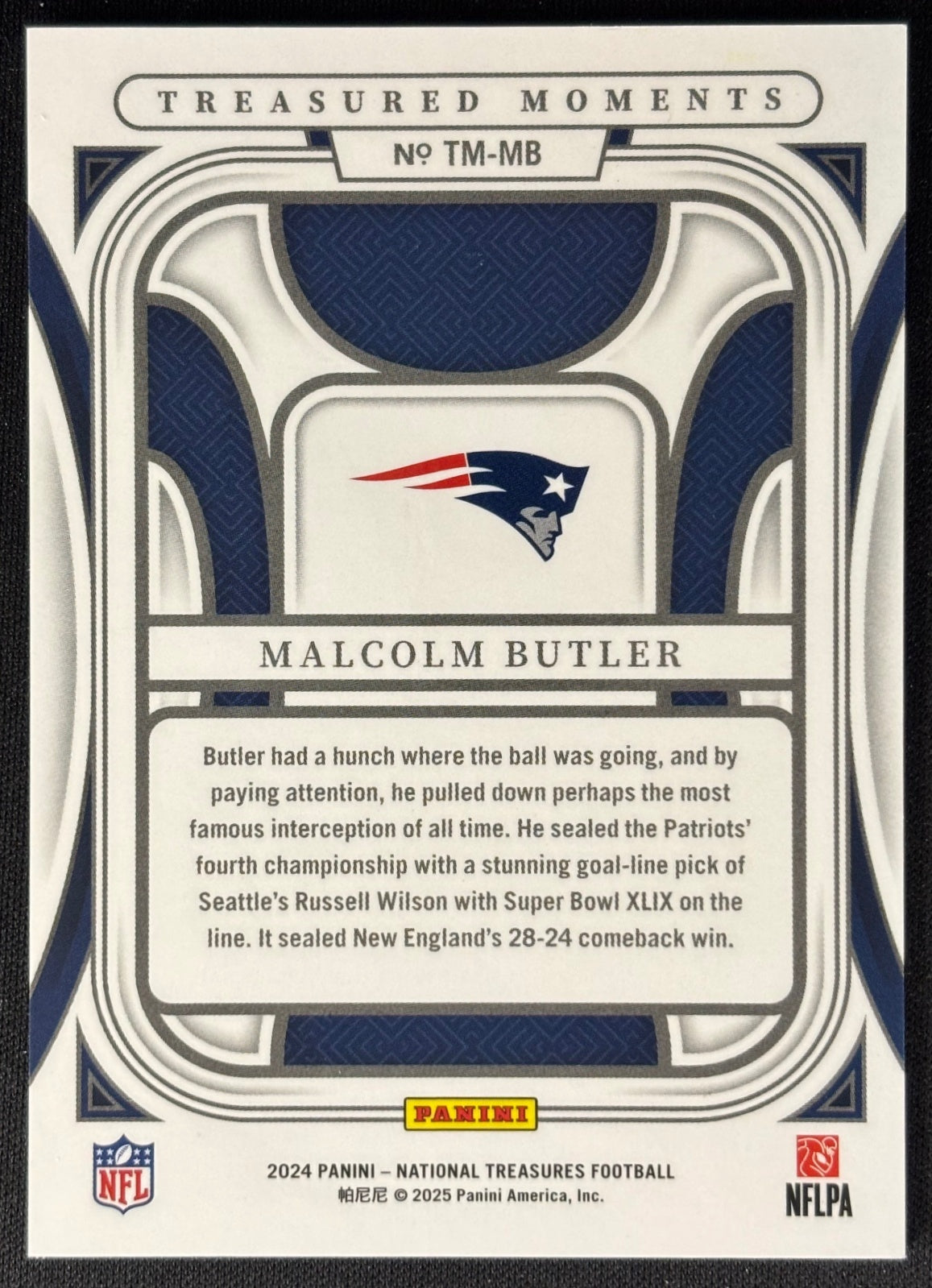 Back of Malcolm Butler 2024 National Treasures Treasured Moments /99 Patriots sports trading card