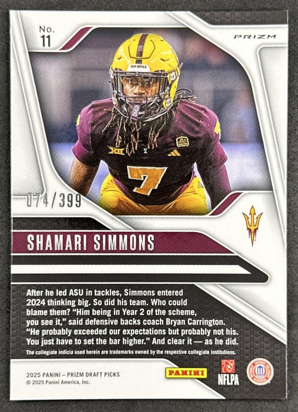 Shamari Simmons 2025 Panini Prizm Draft Picks Red /399 Sun Devils back
